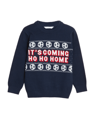 Boys M&S Collection Mini Me Pure Cotton Football Christmas Jumper - Navy