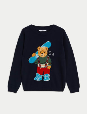 

Boys Pure Cotton Spencer Bear™ Knitted Jumper (2-8 Yrs) - Navy, Navy