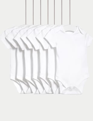 M&S 7pk Pure Cotton Short Sleeve Bodysuits (5lbs-3 Yrs) - 1 M - White, White