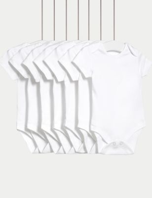 M&S 7pk Pure Cotton Short Sleeve Bodysuits (5lbs-3 Yrs) - 1 M - White, White