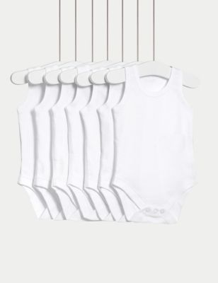 M&S 7pk Pure Cotton Sleeveless Bodysuits (5lbs-3 Yrs) - 1 M - White, White