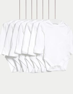 M&S 7pk Pure Cotton Long Sleeve Bodysuits (5lbs-3 Yrs) - 1 M - White, White