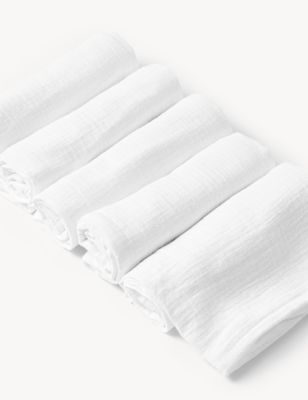 M&S 5pk Pure Cotton Muslin Squares - White, White