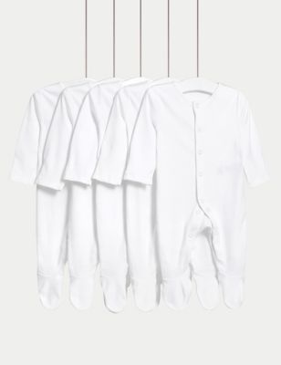 M&S 5pk Pure Cotton Sleepsuits (5lbs-3 Yrs) - 9-12M - White, White