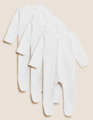 M&S 3pk Pure Cotton Sleepsuits (0-3 Yrs) - 3-6 M - White, White
