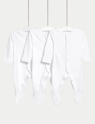 M&S 3pk Pure Cotton Sleepsuits (0-3 Yrs) - 3-6 M - White, White