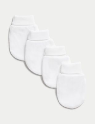 M&S 4pk Pure Cotton Mittens (0-1 Yrs) - 0-6 M - White, White