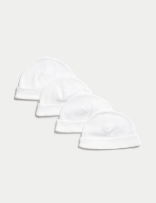 M&S 4pk Pure Cotton Hats (0-1 Yrs) - 6-12M - White, White