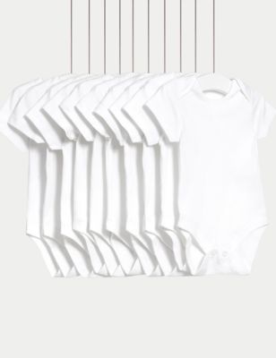 M&S 10pk Pure Cotton Short Sleeve Bodysuits (6lbs-3 Yrs) - 1 M - White, White