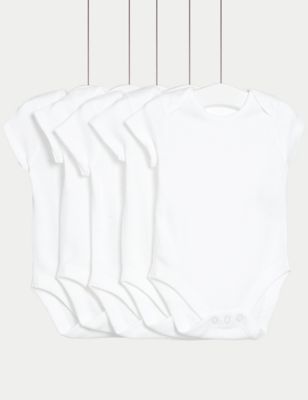 M&S 5pk Pure Cotton Waffle Bodysuits (0-36 Mths) - 6-9 M - White, White