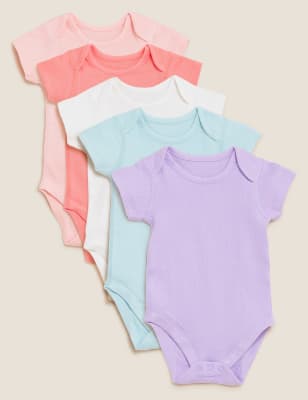 Marks And Spencer Girls 5pk Pure Cotton Pointelle Bodysuits (6½lbs -3 Yrs) - Multi