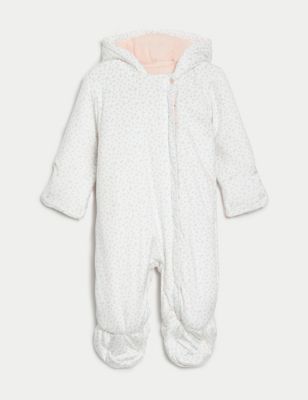 M&S Girl's Floral Hooded Pramsuit (7lbs-1 Yrs) - 9-12M - Cream Mix, Cream Mix