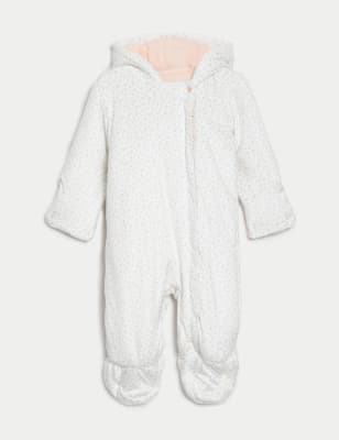 M&S Girls Floral Hooded Pramsuit (0-1 Yrs) - 9-12M - Cream Mix, Cream Mix