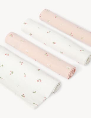 

M&S Collection Pack de 4 gasas de muselina florales 100% algodón - Multi, Multi