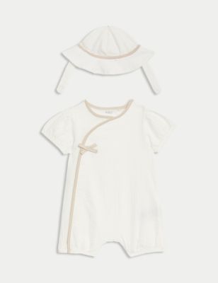 2pc Pure Cotton Textured Romper with Hat (0-12 Mths)
