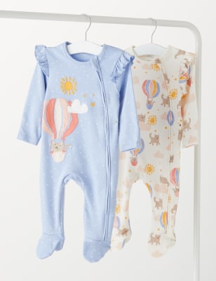 

M&S Collection Pack de 2 pijamas para bebé de algodón con diseño de gatos y globos (0-3 años) - Multi, Multi