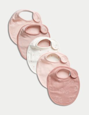 M&S Girl's 5pk Pure Cotton Printed Dribble Bibs - Pink Mix, Pink Mix