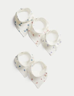 M&S Girl's 5pk Pure Cotton Floral Dribble Bibs - Ecru Mix, Ecru Mix