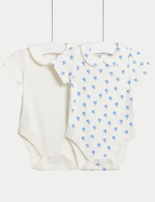 M&S Girl's 2pk Cotton Rich Bodysuits (6lbs-3 Years) - TINY - Blue Mix, Blue Mix