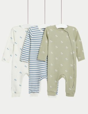 M&S Girls 3pk Pure Cotton Floral & Striped Sleepsuits (0-3 Yrs) - NB - Green Mix, Green Mix