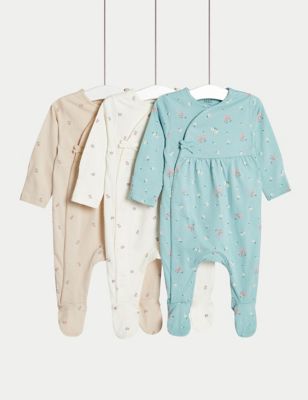M&S Girls 3pk Pure Cotton Floral Sleepsuits (6lbs-3 Yrs) - TINY - Teal Mix, Teal Mix