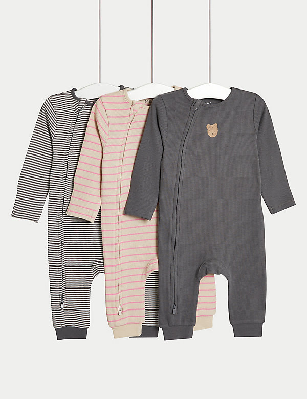 3pk Pure Cotton Bear & Striped Sleepsuits (6½lbs-3 Yrs) - SI