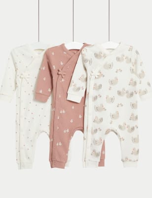 M&S Girl's 3pk Pure Cotton Swan & Spot Sleepsuits (6lbs-3 Yrs) - 0-3 M - Rose Mix, Rose Mix