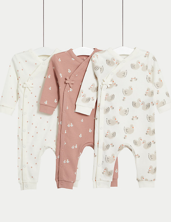 3pk Pure Cotton Swan & Spot Sleepsuits (6½lbs-3 Yrs) - HK
