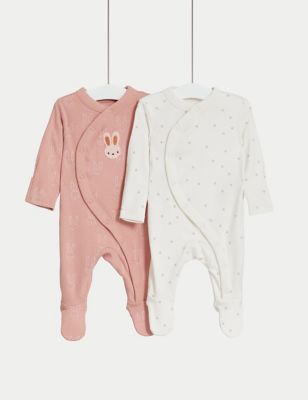 M&S Girls 2pk Pure Cotton Bunny Sleepsuits (6lbs-3 Yrs) - NB - Rose Mix, Rose Mix