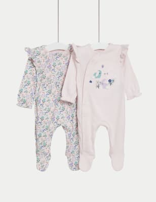 M&S Girls 2pk Pure Cotton Floral Sleepsuits (6lbs-3 Yrs) - TINY - Pink Mix, Pink Mix