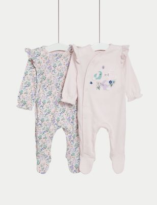 M&S Girls 2pk Pure Cotton Floral Sleepsuits (0-3 Yrs) - TINY - Pink Mix, Pink Mix