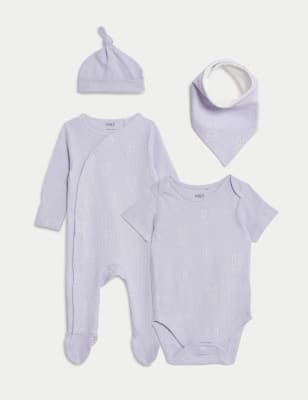 M&S Girls 4pc Pure Cotton Bunny Print Starter Set (0-12 Mths) - 1 M - Soft Lilac, Soft Lilac