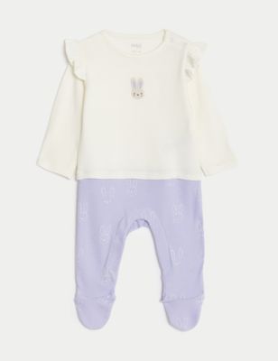 M&S Girls Pure Cotton Bunny Sleepsuit (7lbs-1 Yrs) - 1 M - Lilac, Lilac