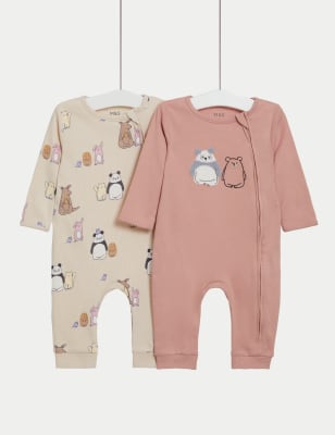 M&S Girls 2pk Pure Cotton Animal Print Zip Sleepsuits (7lbs-1 Yrs) - NB - Rose, Rose