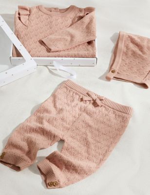 M&S 3pc Pure Cotton Knitted Gift Set (0-6 Mths) - 0-3 M - Rose, Rose