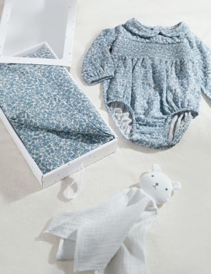 M&S 3pc Pure Cotton Floral Starter Gift Set (0-6 Mths) - 3-6 M - Blue, Blue