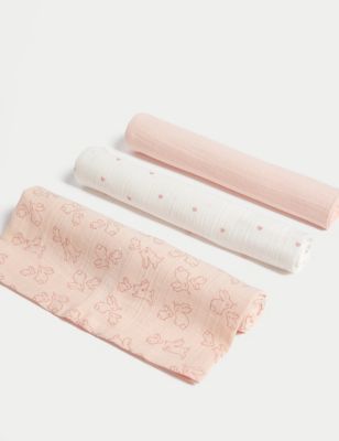 M&S Girl's 3pk Pure Cotton Muslin Squares - Pink Mix, Pink Mix