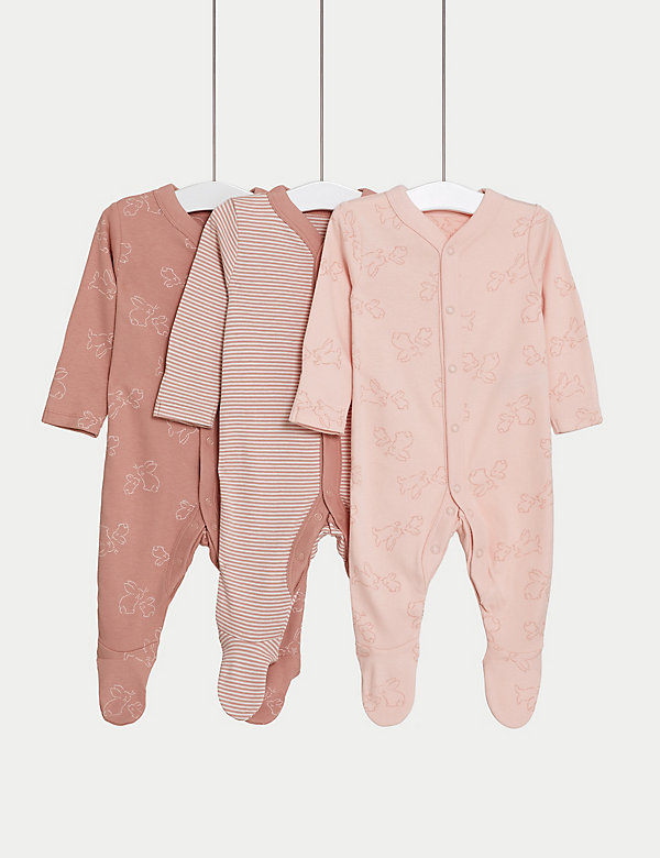 3pk Pure Cotton Bunny & Striped Sleepsuits (5lbs-3 Yrs) - AU