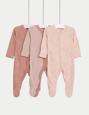 M&S Girls 3pk Pure Cotton Bunny & Striped Sleepsuits (5lbs-3 Yrs) - EARLY - Pink, Pink