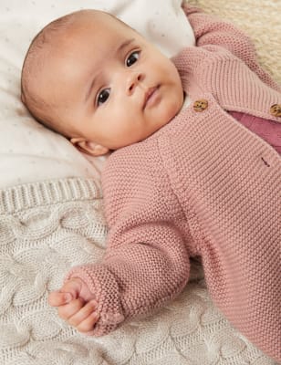 M&S Girls Pure Cotton Knitted Cardigan (0-1 Yrs) - 1 M - Pink Mix, Pink Mix