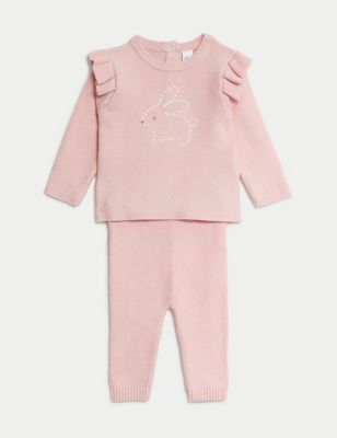 M&S Girl's 2pc Knitted Bunny Outfit (7lbs-1 Yrs) - NB - Light Pink, Light Pink