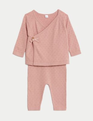 M&S Girls 2pc Pointelle Outfit (7lbs-1 Yrs) - NB - Rose, Rose