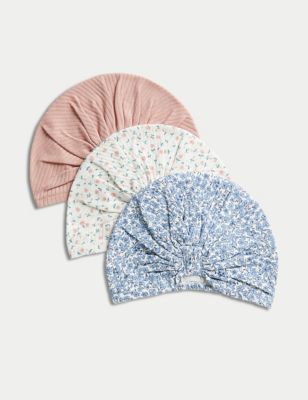 M&S Girls 3pk Pure Cotton Patterned Hats (0-1 Yrs) - 1 M - Rose Mix, Rose Mix