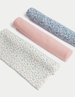 M&S Girls 3pk Pure Cotton Floral Muslin Squares - Carnation, Carnation