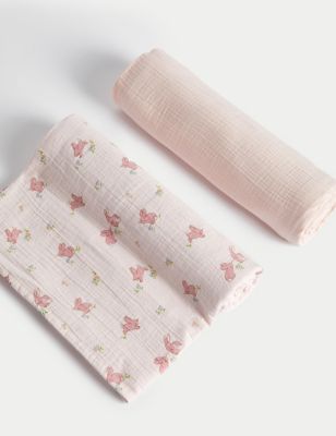 M&S Girls 2pk Pure Cotton Large Bunny Muslin Squares - Pale Pink Mix, Pale Pink Mix