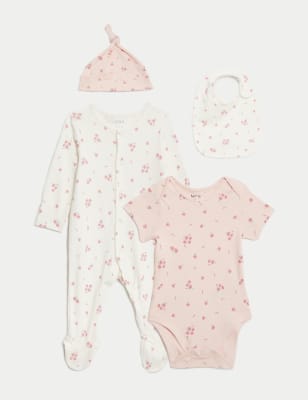 M&S Girls 4pc Pure Cotton Floral Starter Set (7lbs-1 Yrs) - NB - Pink Mix, Pink Mix