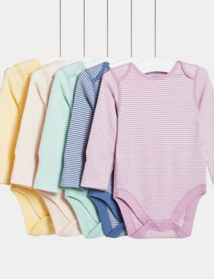 M&S Girls 5pk Pure Cotton Striped Bodysuits (0-3 Yrs) - NB - Multi, Multi