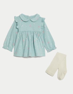 M&S Girl's 2pc Cotton Rich Floral Dress with Tights (7lbs-1 Yrs) - 1 M - Teal Mix, Teal Mix