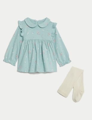 M&S Girls 2pc Cotton Rich Floral Dress with Tights (7lbs-1 Yrs) - 1 M - Teal Mix, Teal Mix