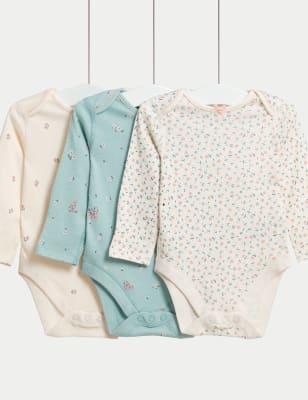 M&S Girl's 3pk Pure Cotton Floral Bodysuits (6lbs-3 Yrs) - NB - Aqua Mix, Aqua Mix